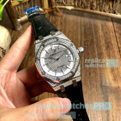 Copy Audemars Piguet Royal Oak Leather Strap Watch All Diamond Dial